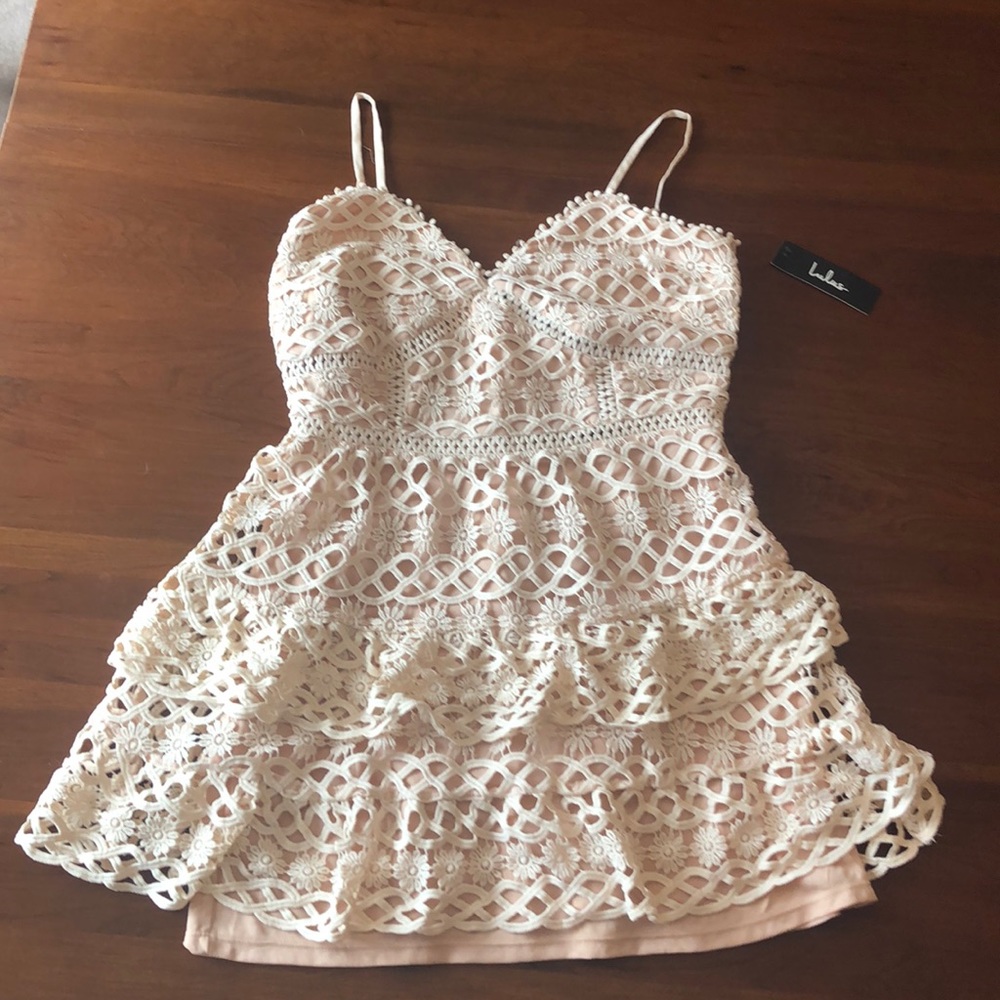 Lulu’s Lace Pale Blush Crochet Mini Dress